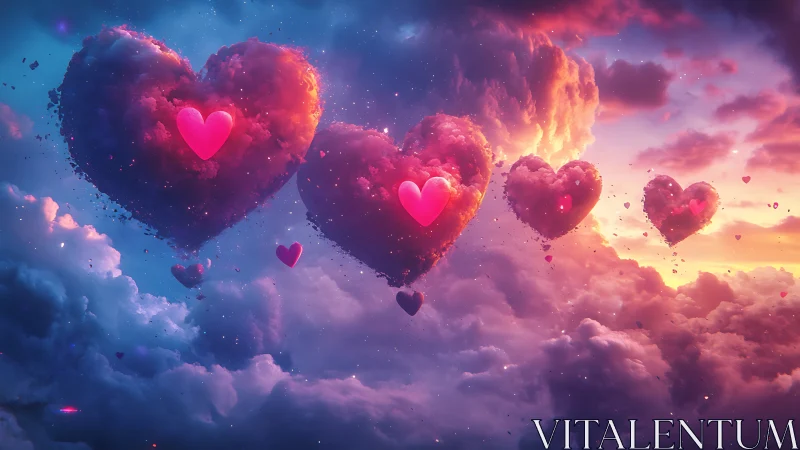 Heart-shaped clouds float through cosmic sunset sky.