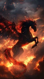 Infernal sky stallion rears amid blazing storm clouds.