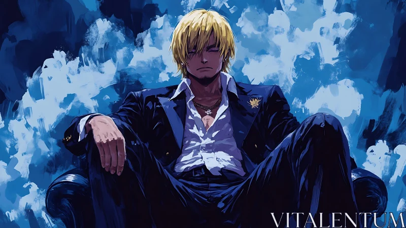 Blond anime antihero sits in shadowed throne of deep blues