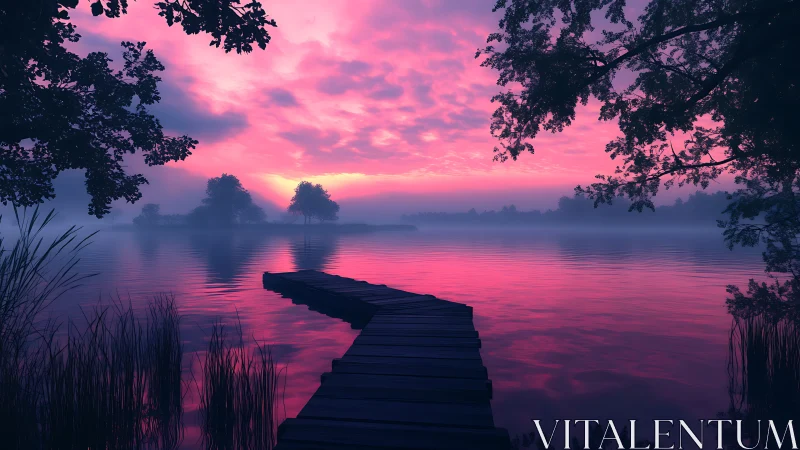 Pink dawn glows over a misty lake and weathered wooden pier