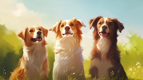 Three cheerful dogs sit in bright meadow sunlight