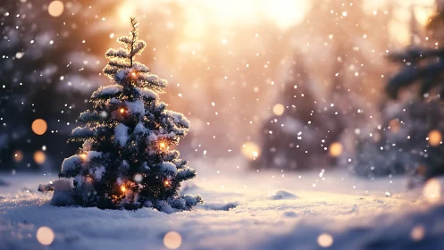 Softly glowing Christmas tree brightens a snowy winter dusk