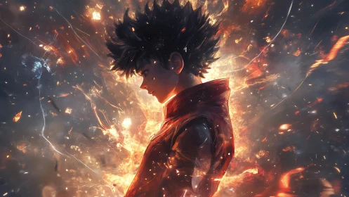 Lone anime warrior stands in swirling embers and crackling light