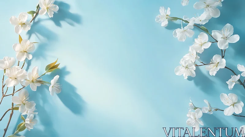 White Cherry Blossoms Against Bright Blue Sky.