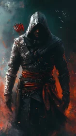 Hooded archer walks forward through smoke and embers