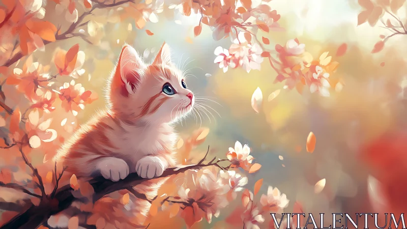Juvenile Feline Subject Perched Among Flowering Branches with Warm Atmospheric Lighting