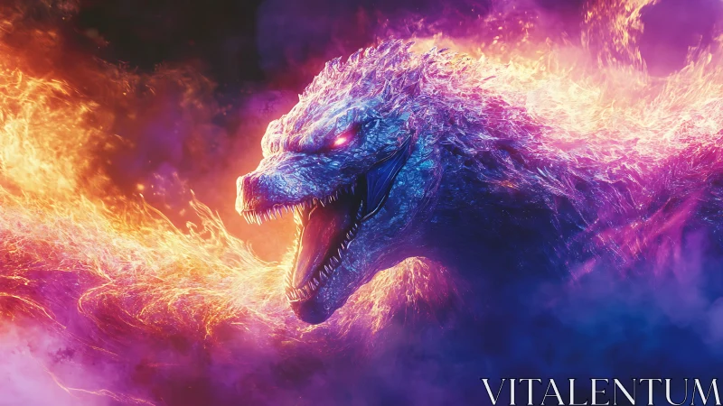 Fiery cosmic dragon roaring through neon stormlight.