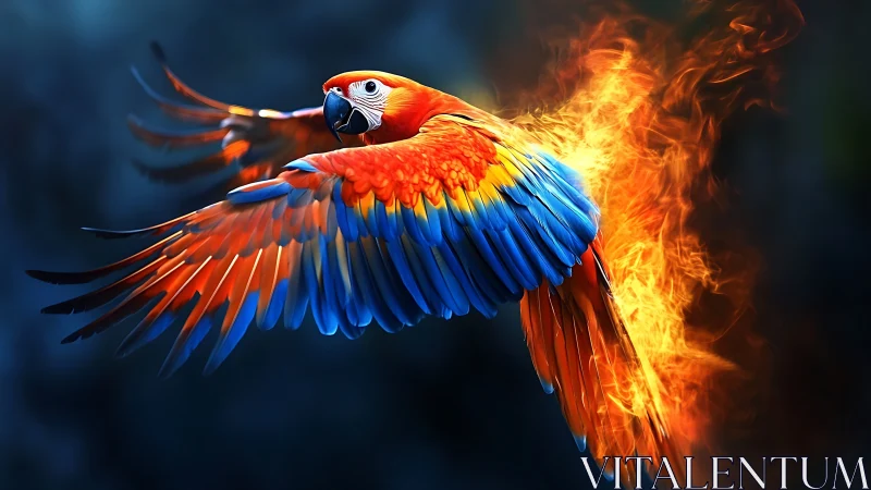 Vibrant macaw flying with flaming wings, surreal digital art.