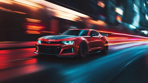 Red sports car on neon city street at night in motion.