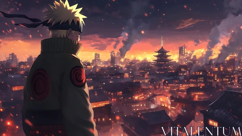 Solitary ninja silhouette over ember lit anime city at dusk