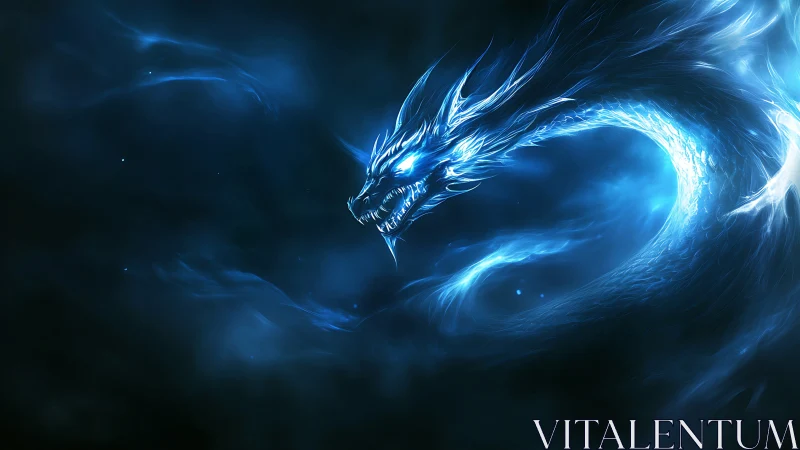 Glowing blue energy dragon coils through dark abstract space
