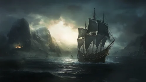 Storm-lit galleon advances through turbulent, cinematic seascape