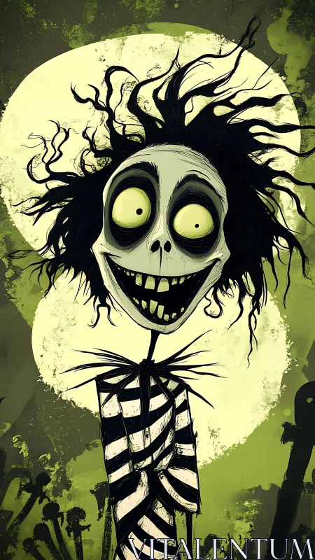 Quirky skeleton friend grinning beneath a spooky green moon.