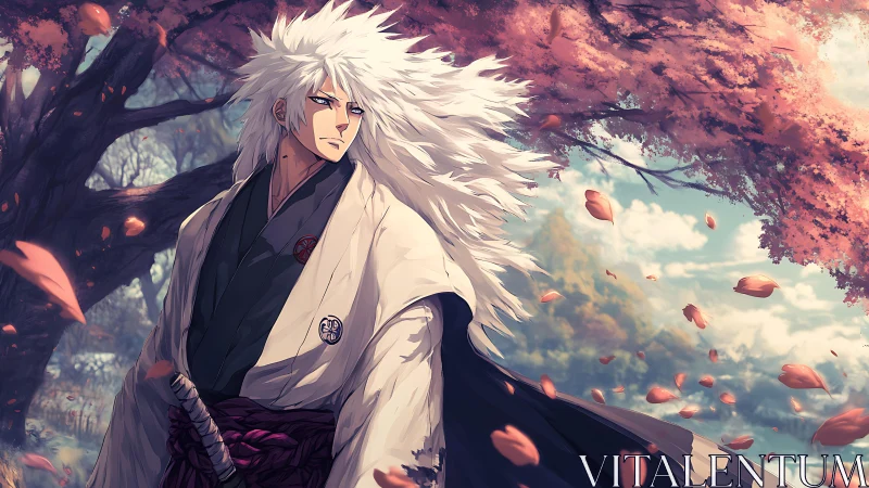 White haired swordsman wandering beneath soft sakura skies.