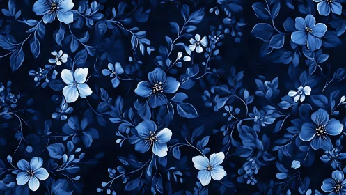 Deep Indigo Floral Composition with Cascading Blue Botanical Elements.