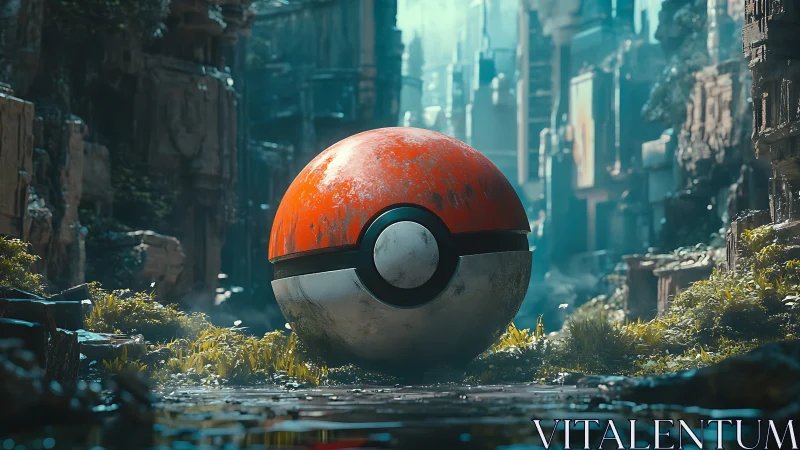 Weathered capture sphere in post-urban overgrown corridor.