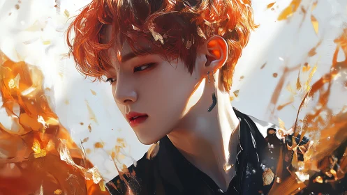 Radiant youth gazes aside amid swirling golden embers