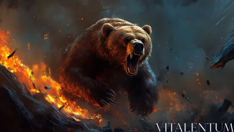 Roaring grizzly charges through blazing wildfire inferno.
