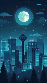 Luminous moon over teal night city skyline illustration.