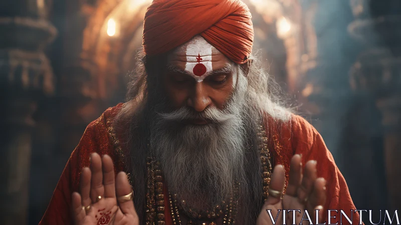 Elderly Hindu sage prays in dim temple corridor with incense