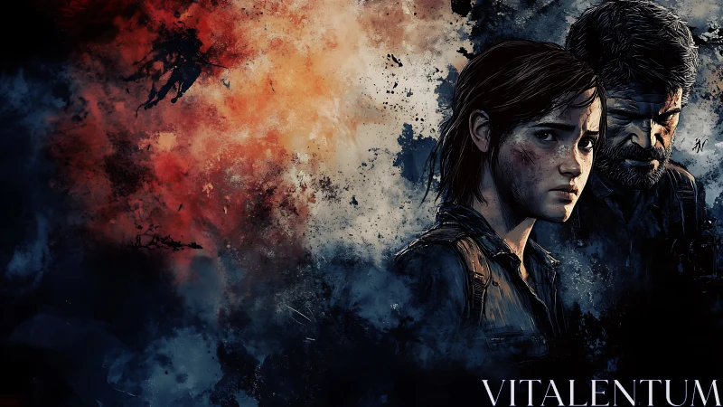 Two figures in textured digital portrait against abstract field.