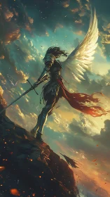 Winged warrior claims the burning sky above stormlit cliffs