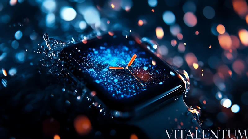 Smartwatch face glows under water splash with neon bokeh