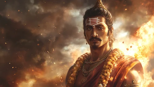 Warrior-priest portrait amid blazing celestial storm.