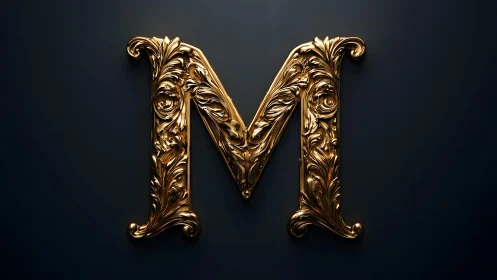 Ornate Golden Letter M on Dark Background in Baroque Style.