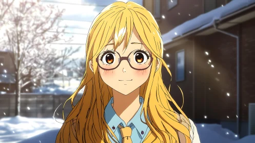 Glasses-wearing blonde anime girl in snowy street scene.