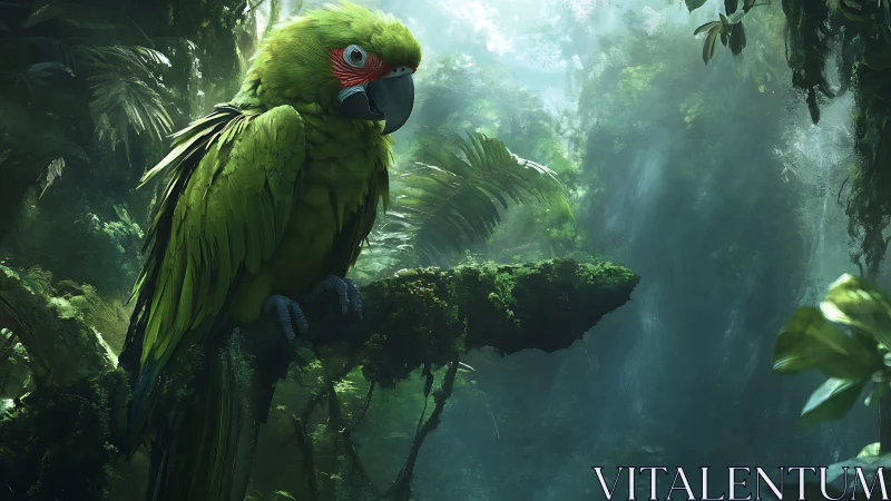 Emerald parrot resting on mossy jungle branch in mist.