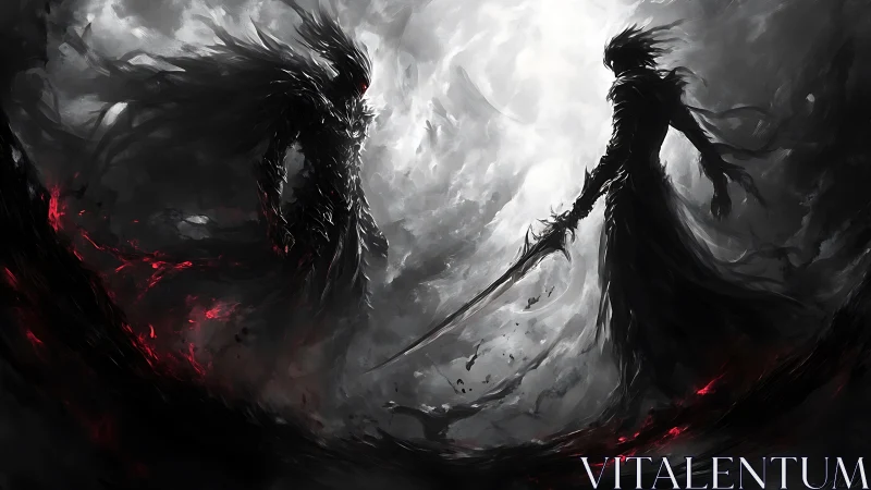 Shadow warriors locked in a dark stormy confrontation.