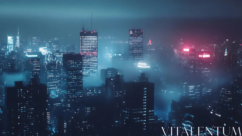 Foggy high rise city skyline lit by blue and pink lights