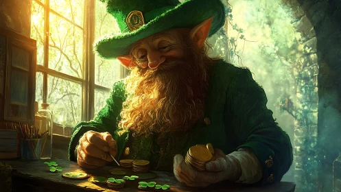 Leprechaun meticulously stacking gold coins in warm rim lighting
