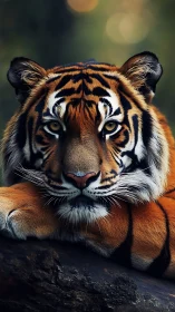 Portrait tiger study with shallow depth and warm bokeh glow.