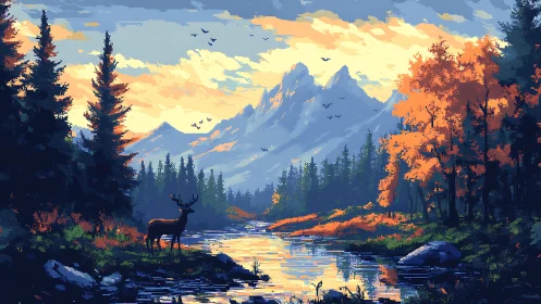 Pixel art mountain river landscape with deer at sunrise.