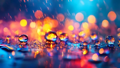 Macro raindrops refract neon bokeh under dynamic low light