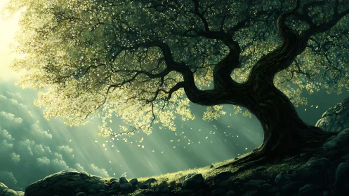 Curved tree trunk intersects directed light beams on hillside