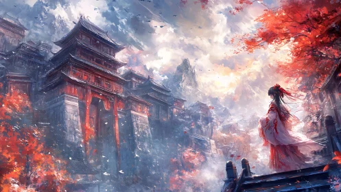 Red-clad figure surveys misty imperial mountain citadel