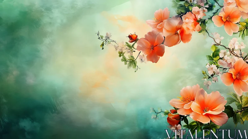 Coral Peonies Against Soft Green Atmospheric Background.