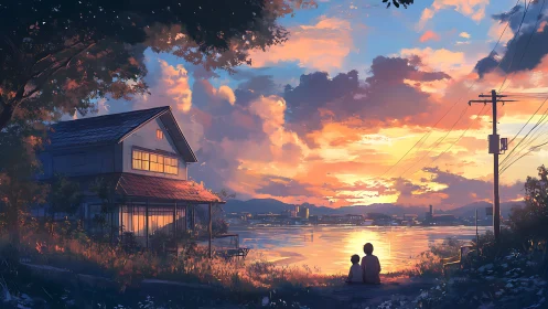 Sunset-lit lakeside dwelling with silhouetted observers framed.