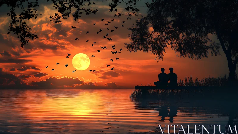 Silhouetted couple beside lake under glowing full moon.