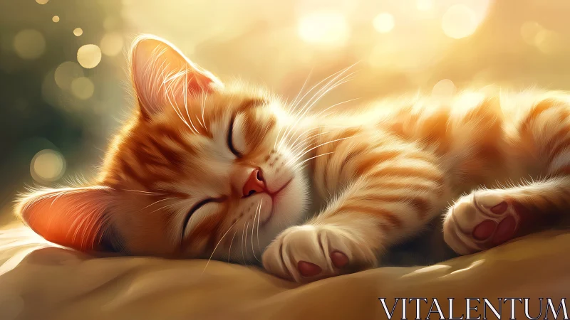 Ginger Tabby Cat Sleeping in Golden Sunlight with Soft Focus Bokeh.