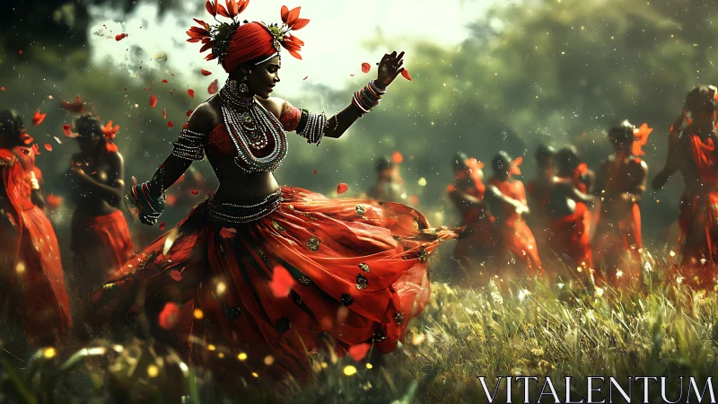 Dancer in red dress leading group in sunlit outdoor field.