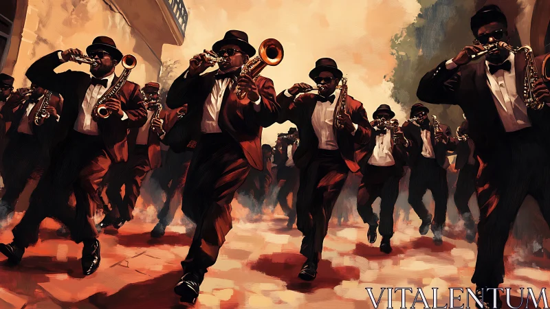 Dynamic street jazz parade in expressive digital painting style.