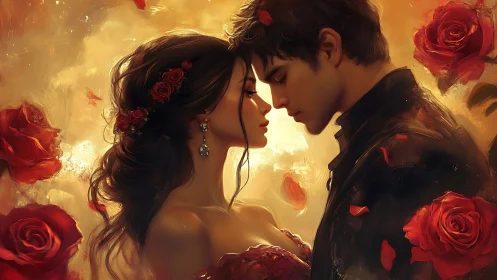 Two Figures in Profile with Red Roses and Gold Lighting.