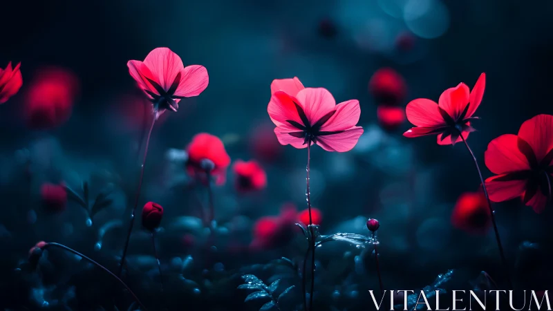 Luminescent Cosmos Flowers with Selective Depth and Cold Color Grading