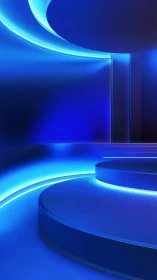 Curved neon podium with luminous blue gradient glow.