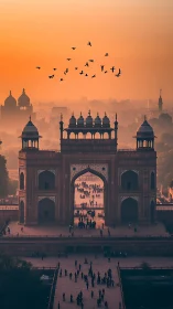 Telephoto sunset symmetry over Mughal gateway architecture.