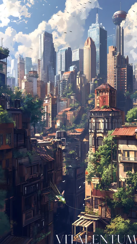 Sunlit future city mingling quiet greenery and bold towers.